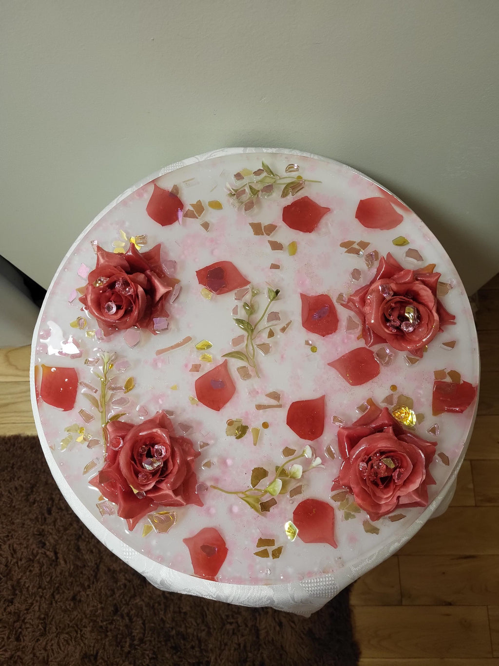 3D Resin Tray with Gold and Pink Crystals and Floral Inlay, Elegant Home Decor