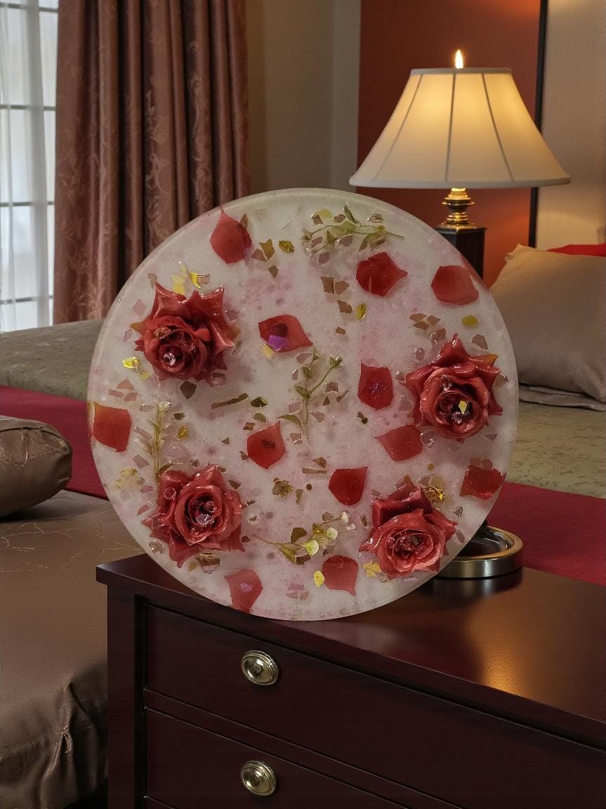 3D Resin Tray with Gold and Pink Crystals and Floral Inlay, Elegant Home Decor