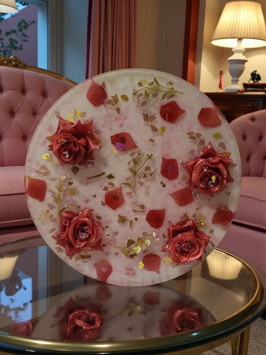 3D Resin Tray with Gold and Pink Crystals and Floral Inlay, Elegant Home Decor