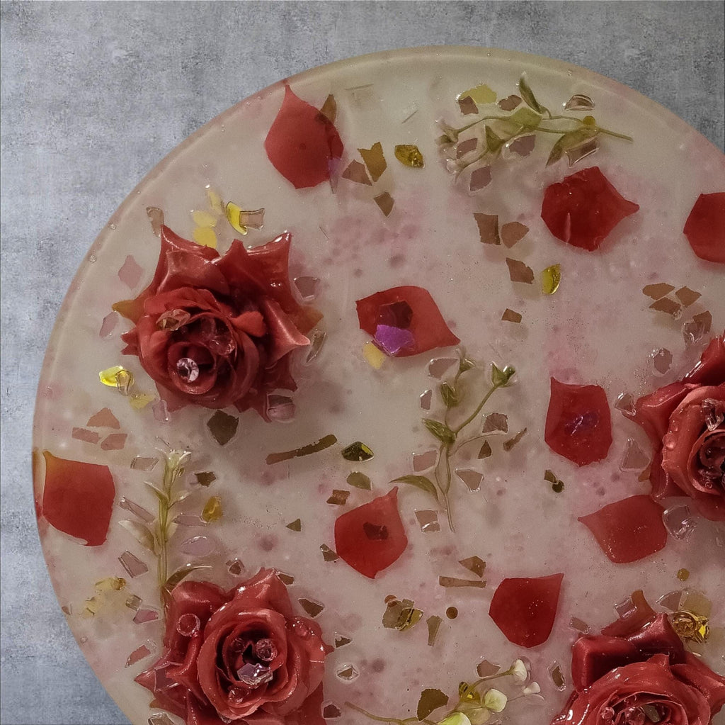 3D Resin Tray with Gold and Pink Crystals and Floral Inlay, Elegant Home Decor