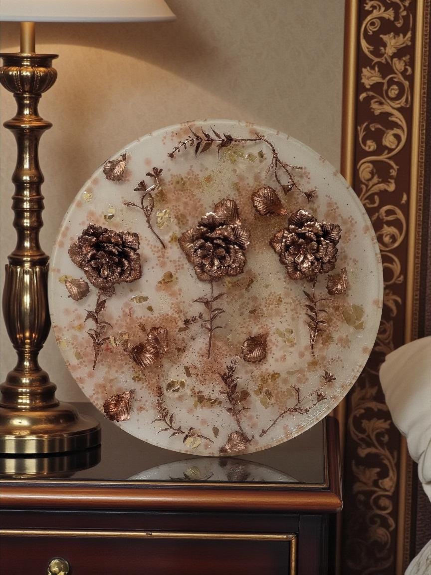 3D Resin Tray with Gold and Crystals and Floral Inlay, Elegant Home Decor