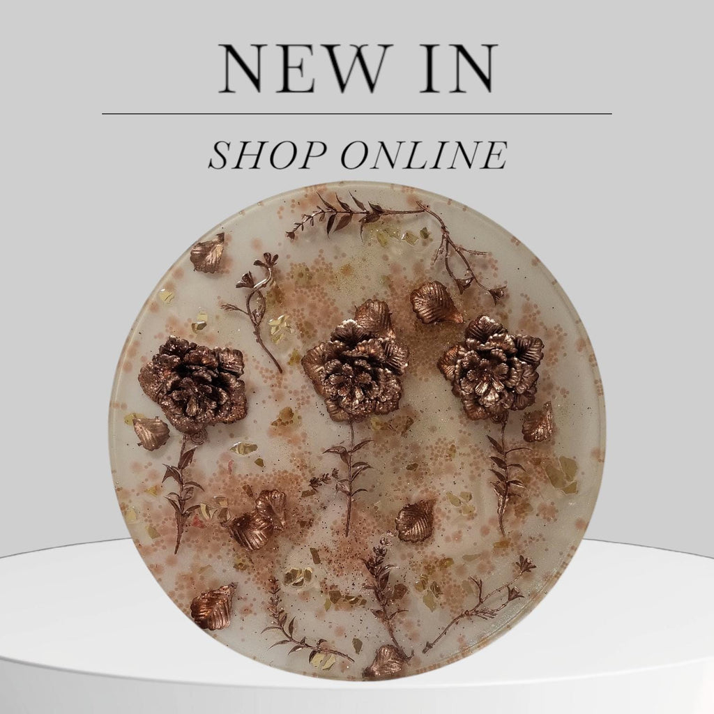 3D Resin Tray with Gold and Crystals and Floral Inlay, Elegant Home Decor