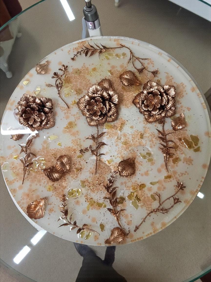 3D Resin Tray with Gold and Crystals and Floral Inlay, Elegant Home Decor