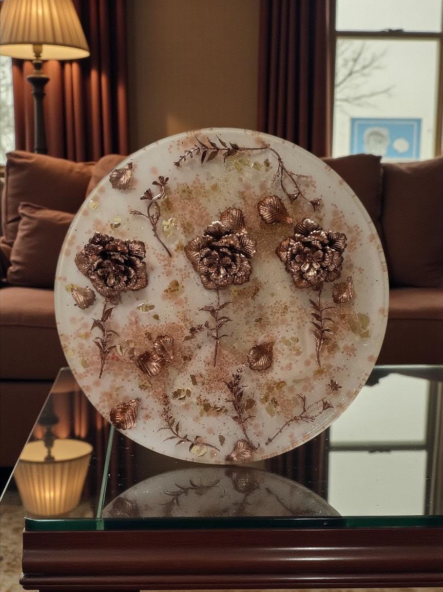 3D Resin Tray with Gold and Crystals and Floral Inlay, Elegant Home Decor