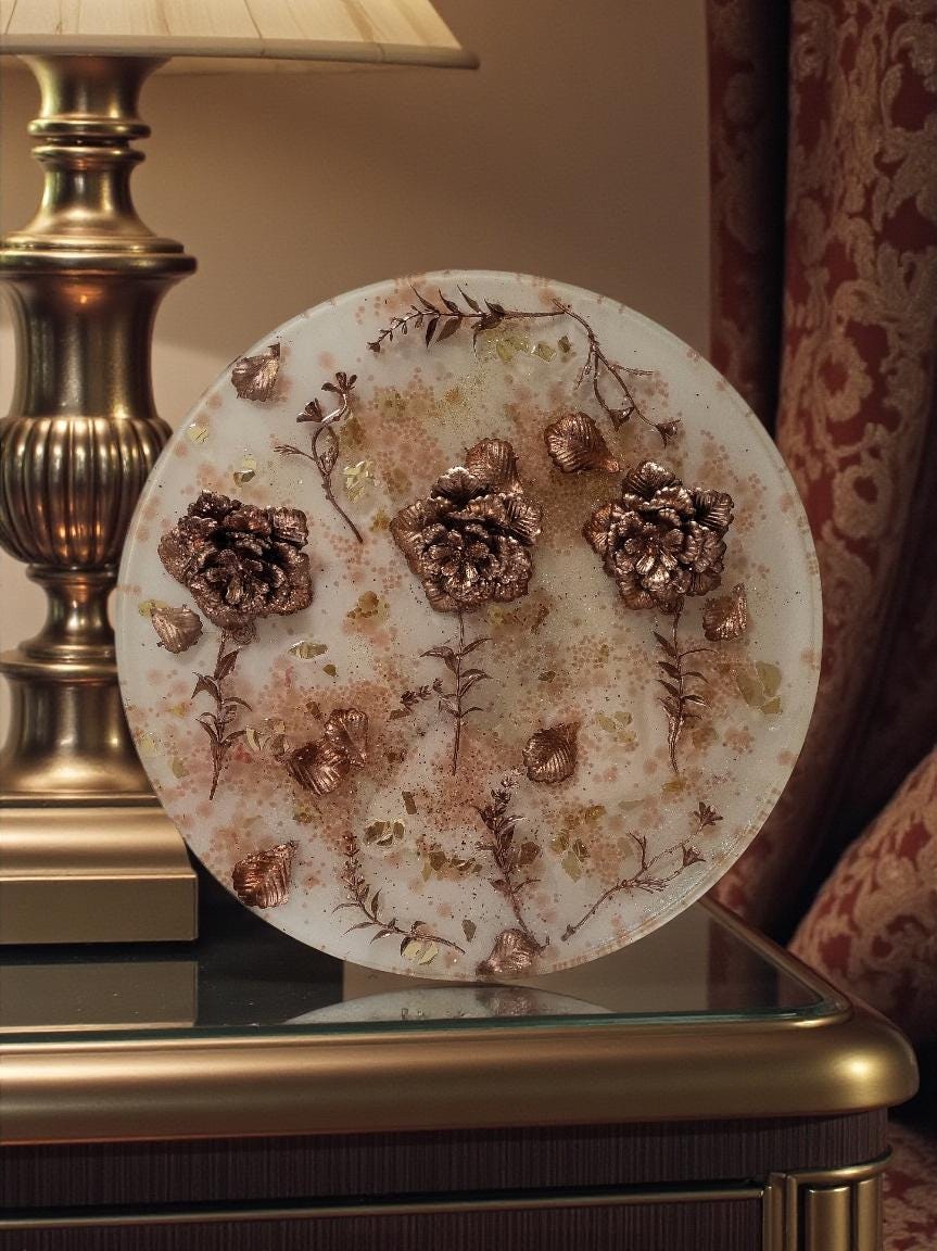 3D Resin Tray with Gold and Crystals and Floral Inlay, Elegant Home Decor