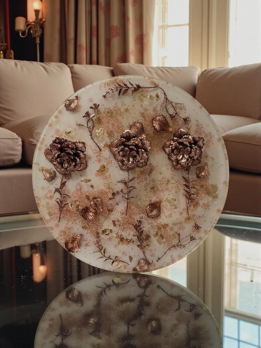 3D Resin Tray with Gold and Crystals and Floral Inlay, Elegant Home Decor