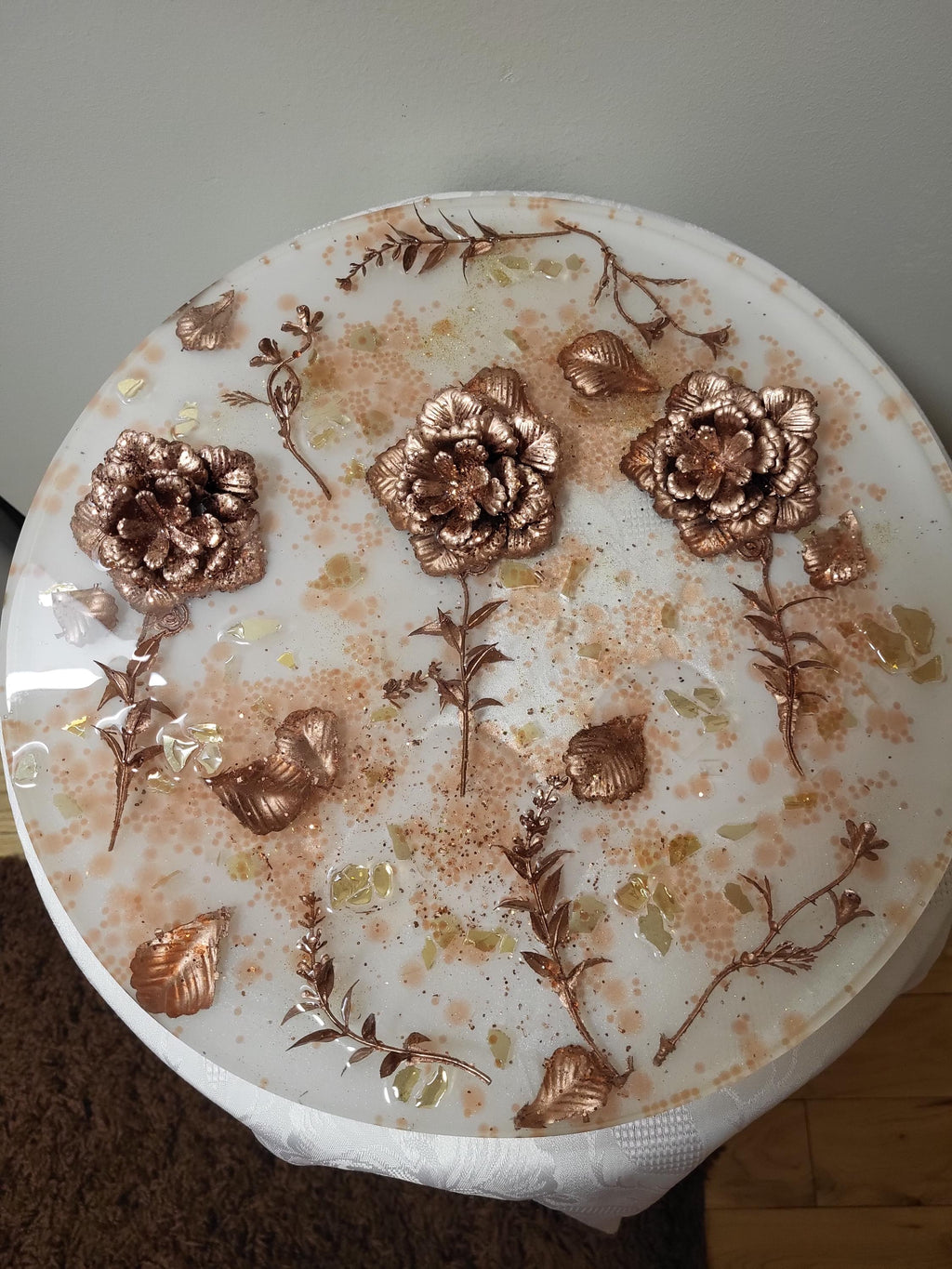 3D Resin Tray with Gold and Crystals and Floral Inlay, Elegant Home Decor
