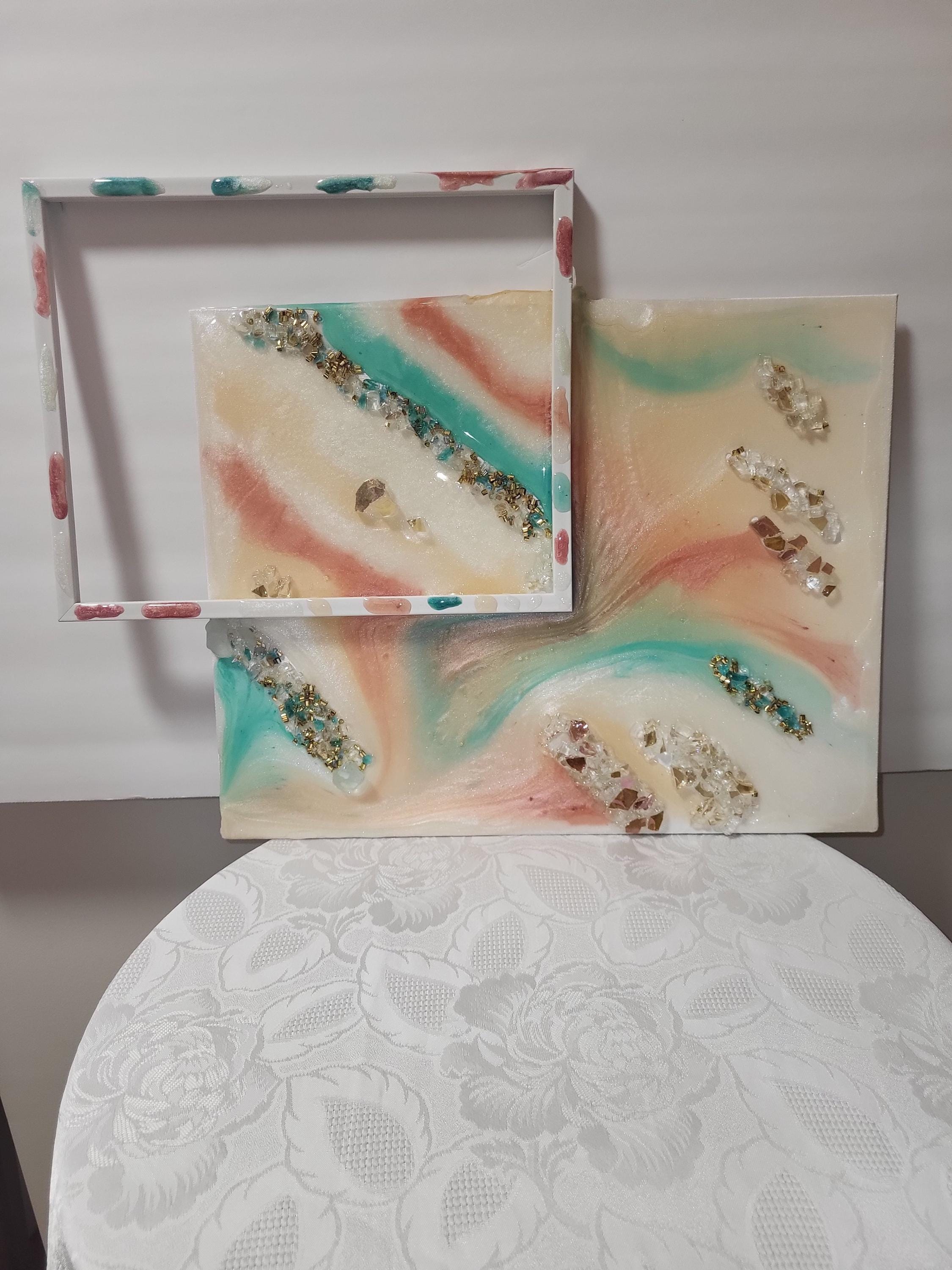 3D Resin Artwork – Turquoise, Pink, Orange, Yellow with Crystals (13x17)
