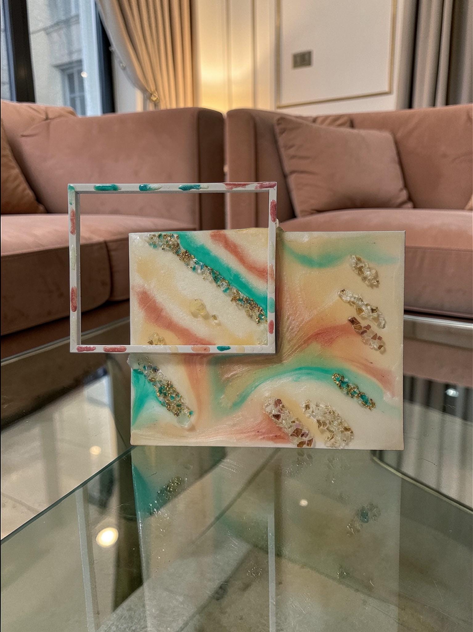 3D Resin Artwork – Turquoise, Pink, Orange, Yellow with Crystals (13x17)