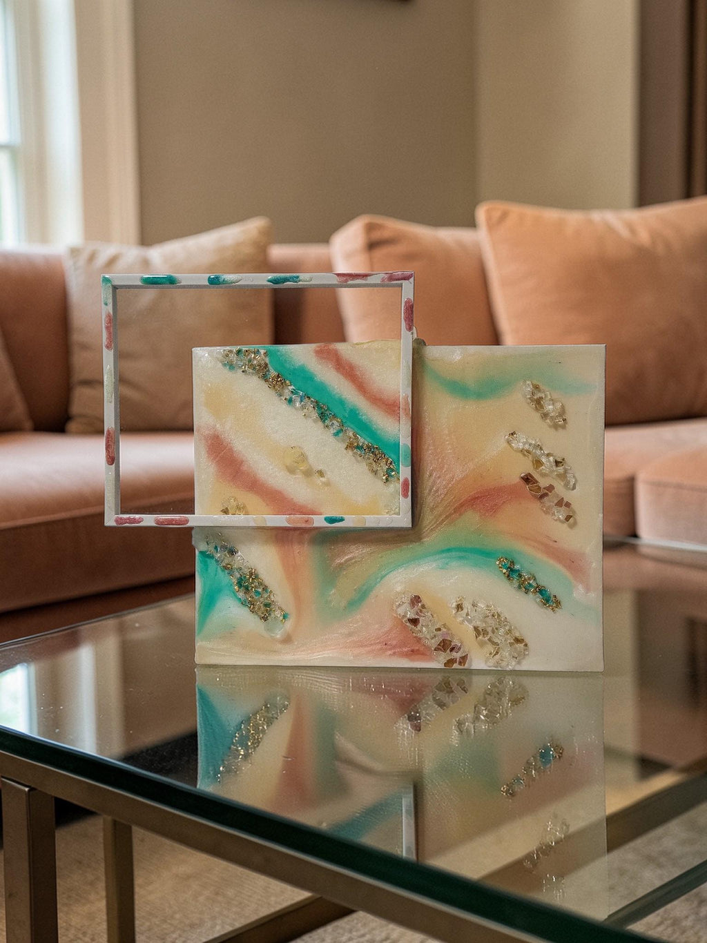 3D Resin Artwork – Turquoise, Pink, Orange, Yellow with Crystals (13x17)