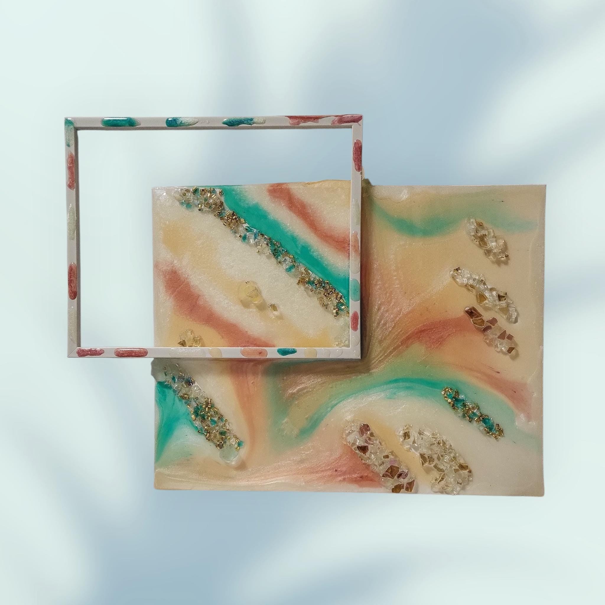 3D Resin Artwork – Turquoise, Pink, Orange, Yellow with Crystals (13x17)