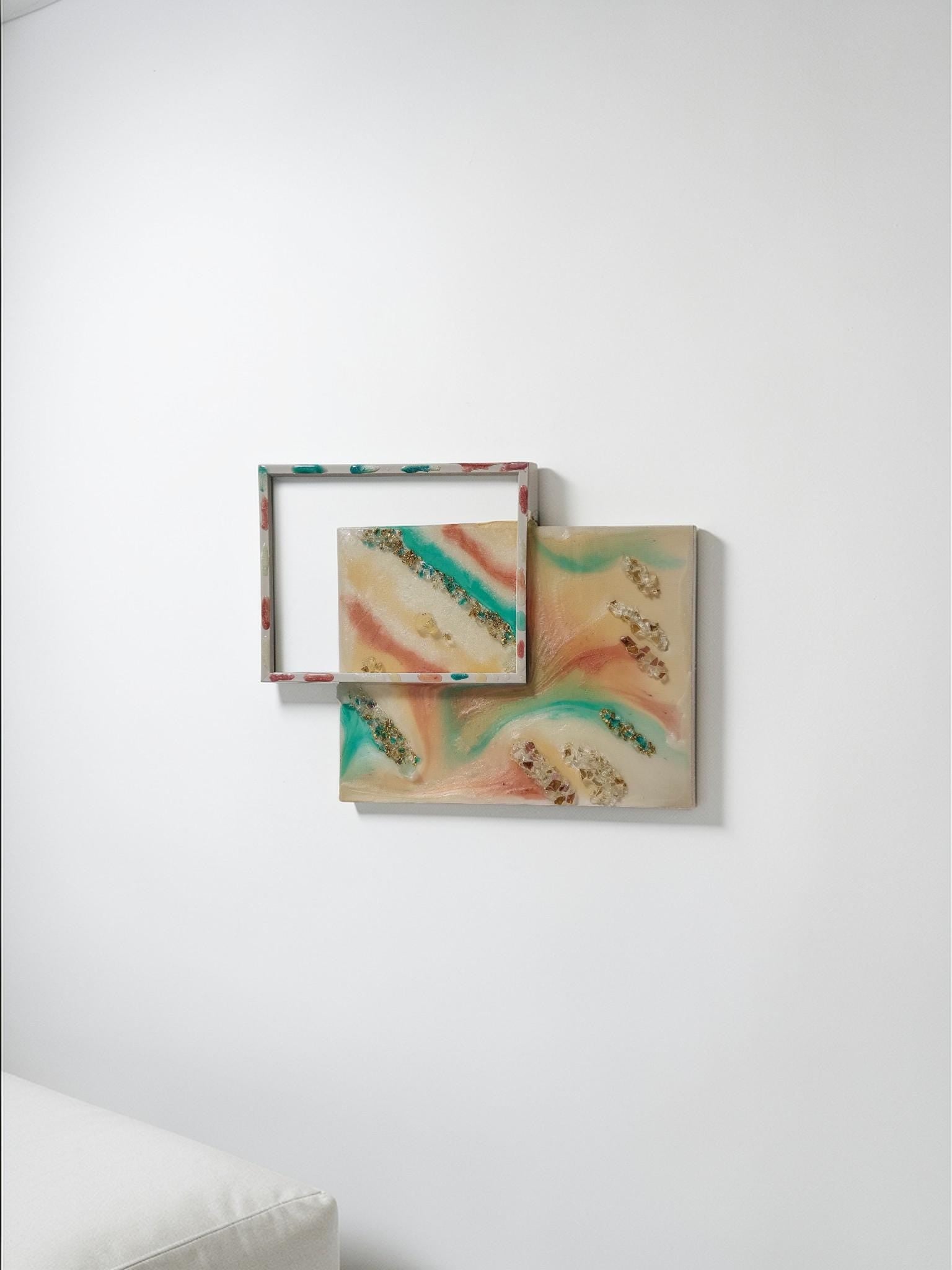 3D Resin Artwork – Turquoise, Pink, Orange, Yellow with Crystals (13x17)