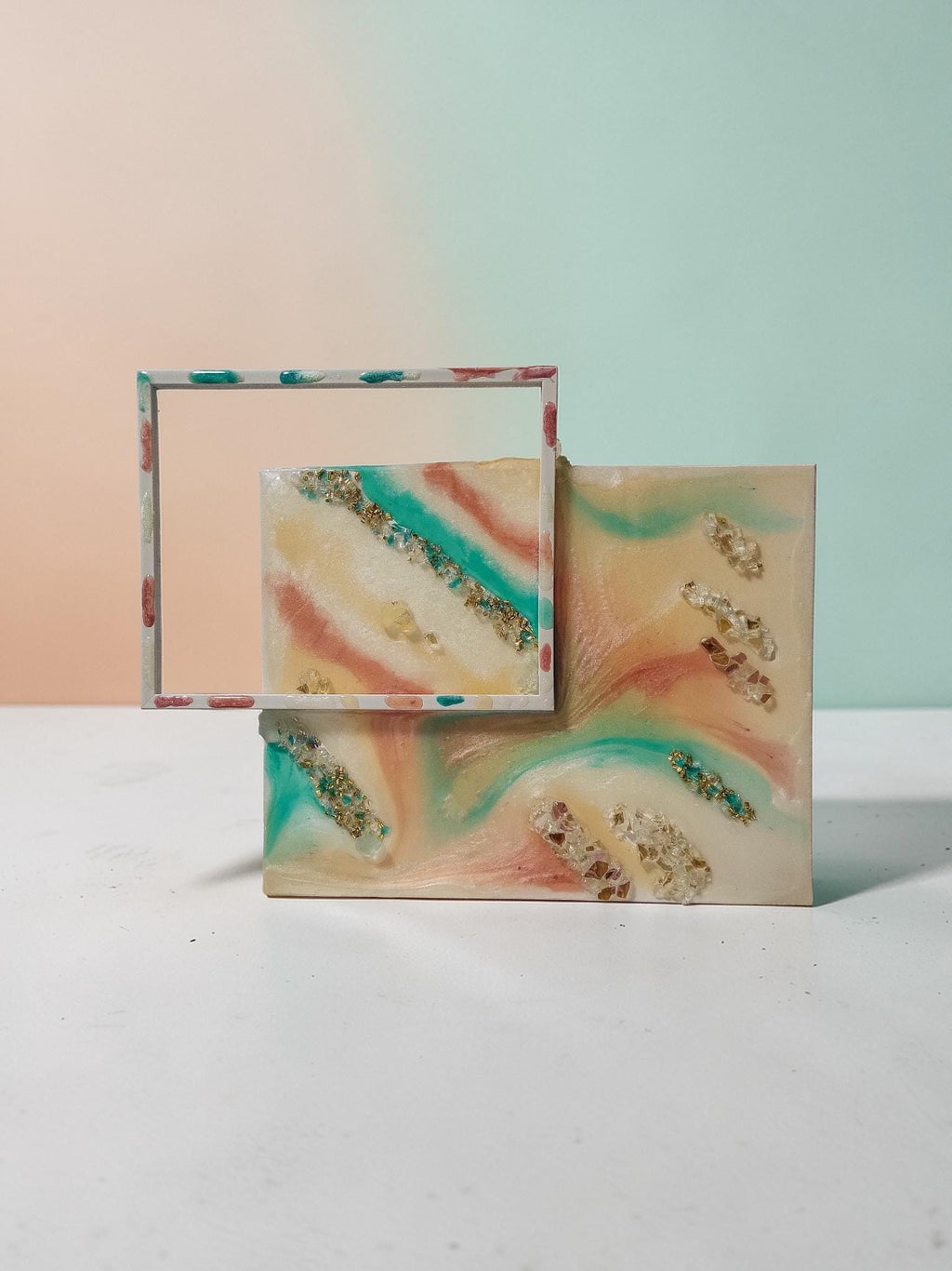 3D Resin Artwork – Turquoise, Pink, Orange, Yellow with Crystals (13x17)