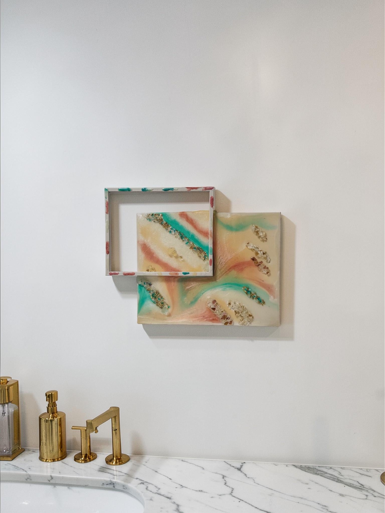 3D Resin Artwork – Turquoise, Pink, Orange, Yellow with Crystals (13x17)