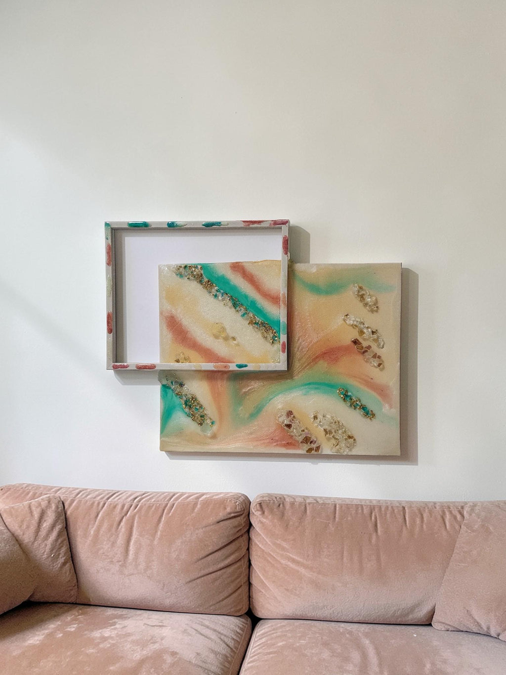 3D Resin Artwork – Turquoise, Pink, Orange, Yellow with Crystals (13x17)