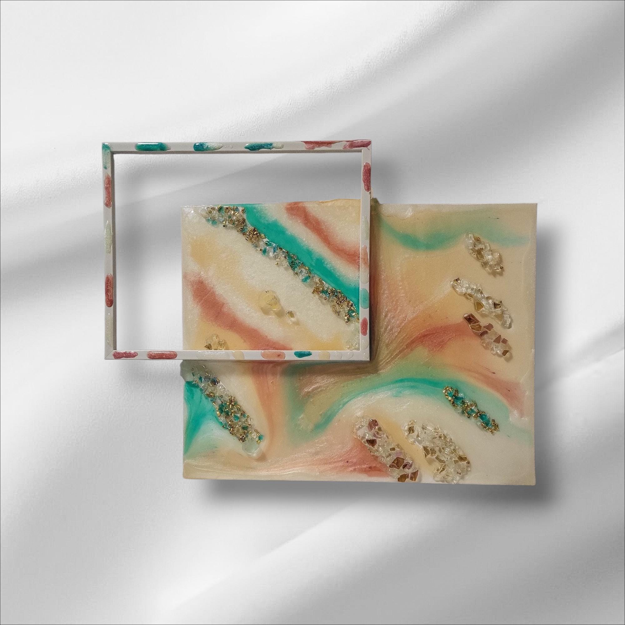 3D Resin Artwork – Turquoise, Pink, Orange, Yellow with Crystals (13x17)