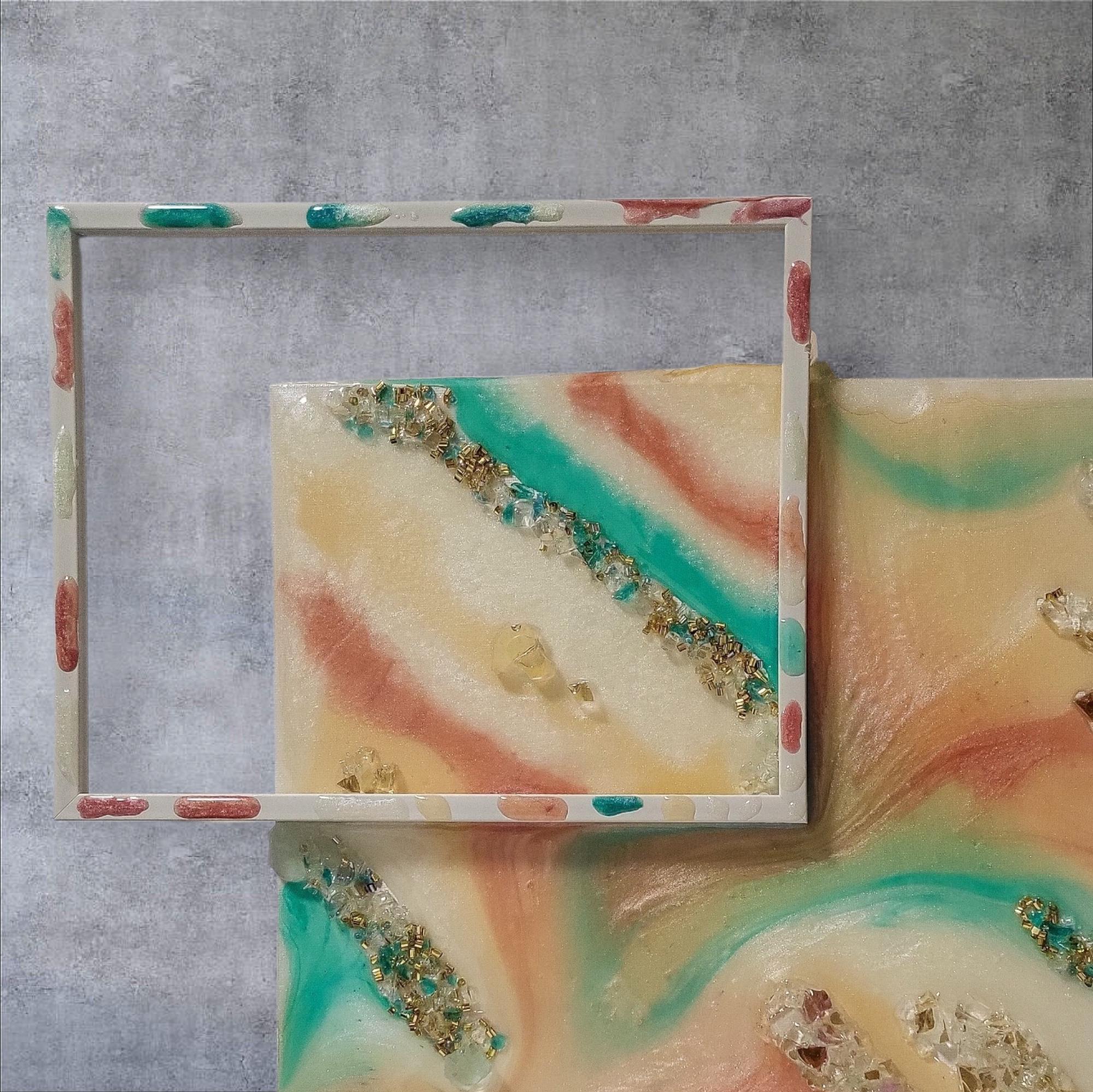 3D Resin Artwork – Turquoise, Pink, Orange, Yellow with Crystals (13x17)