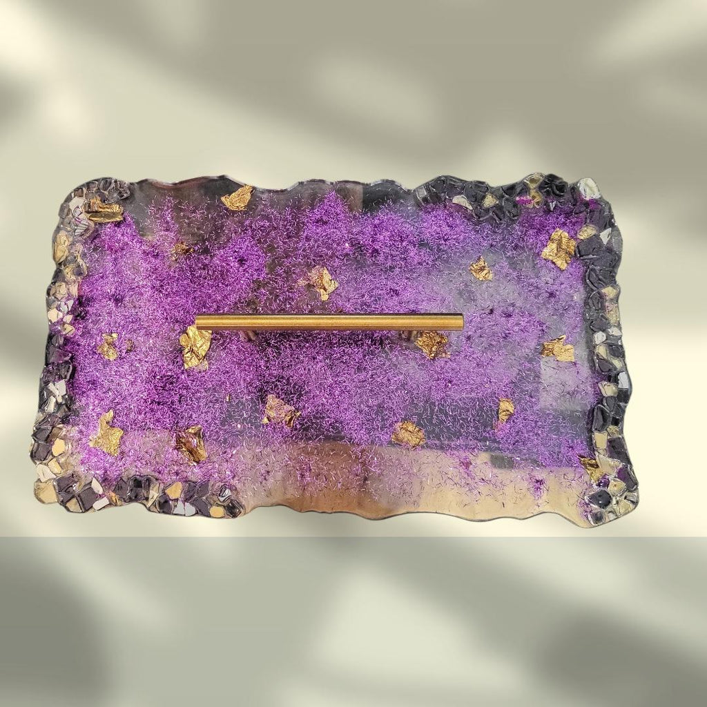 Hand-Designed Purple and Gold Acrylic Decor Tray with crystals