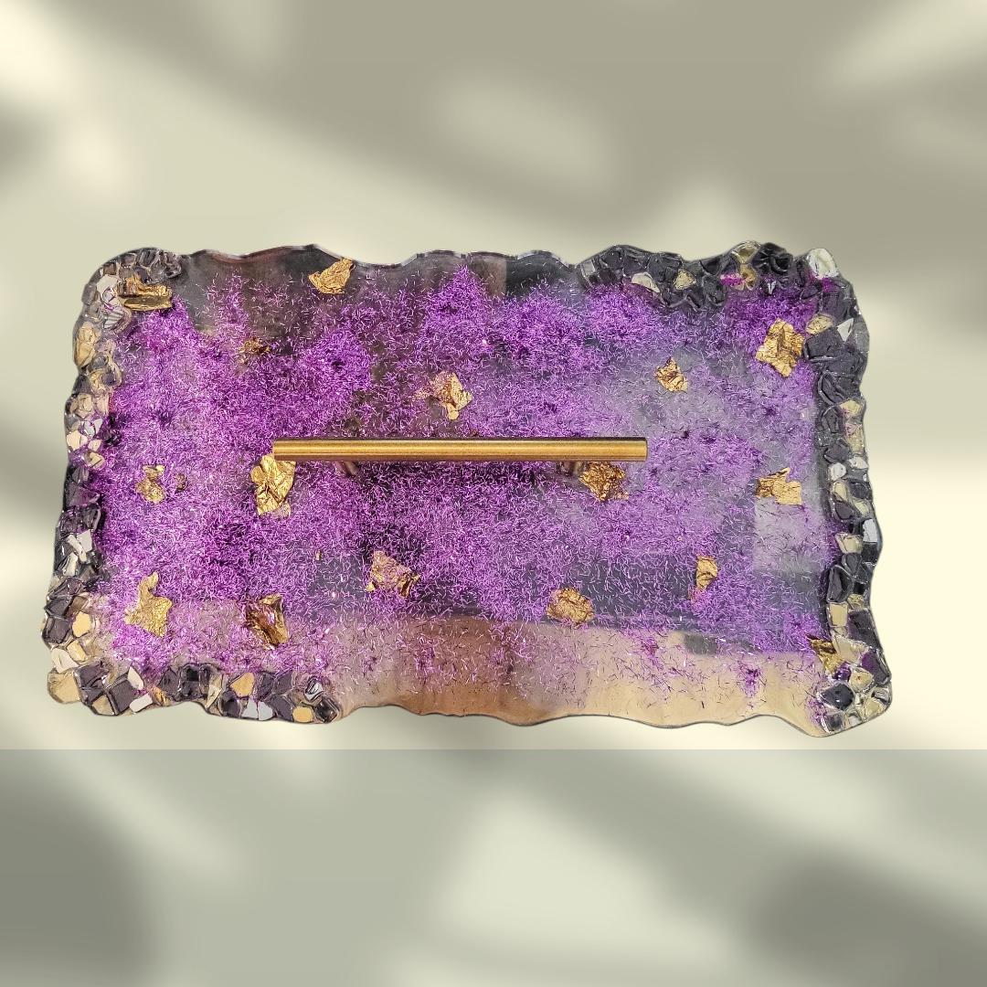Hand-Designed Purple and Gold Acrylic Decor Tray with crystals