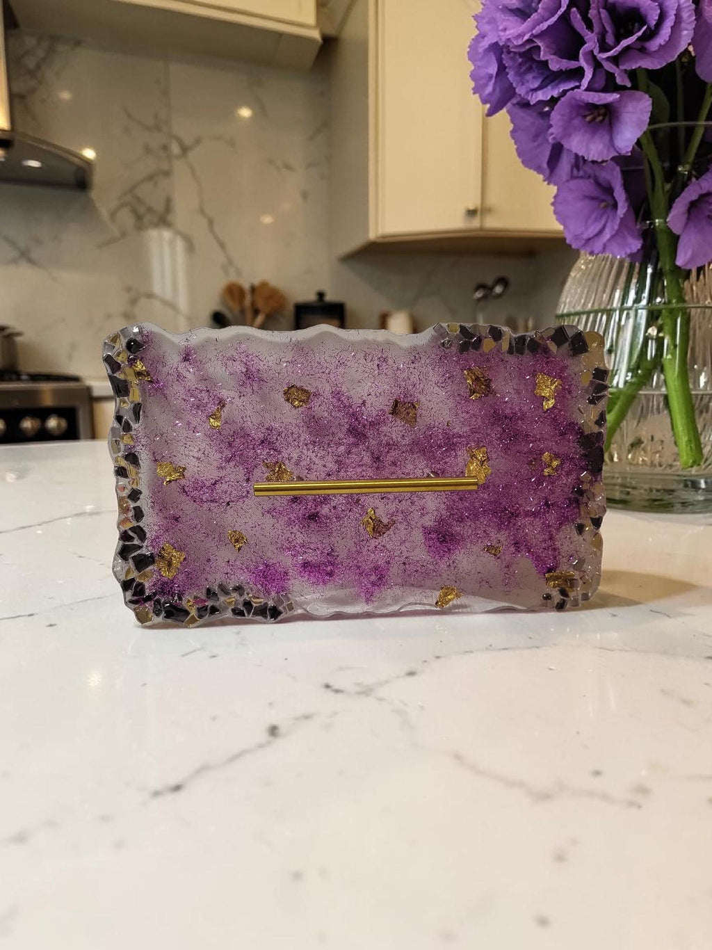 Hand-Designed Purple and Gold Acrylic Decor Tray with crystals