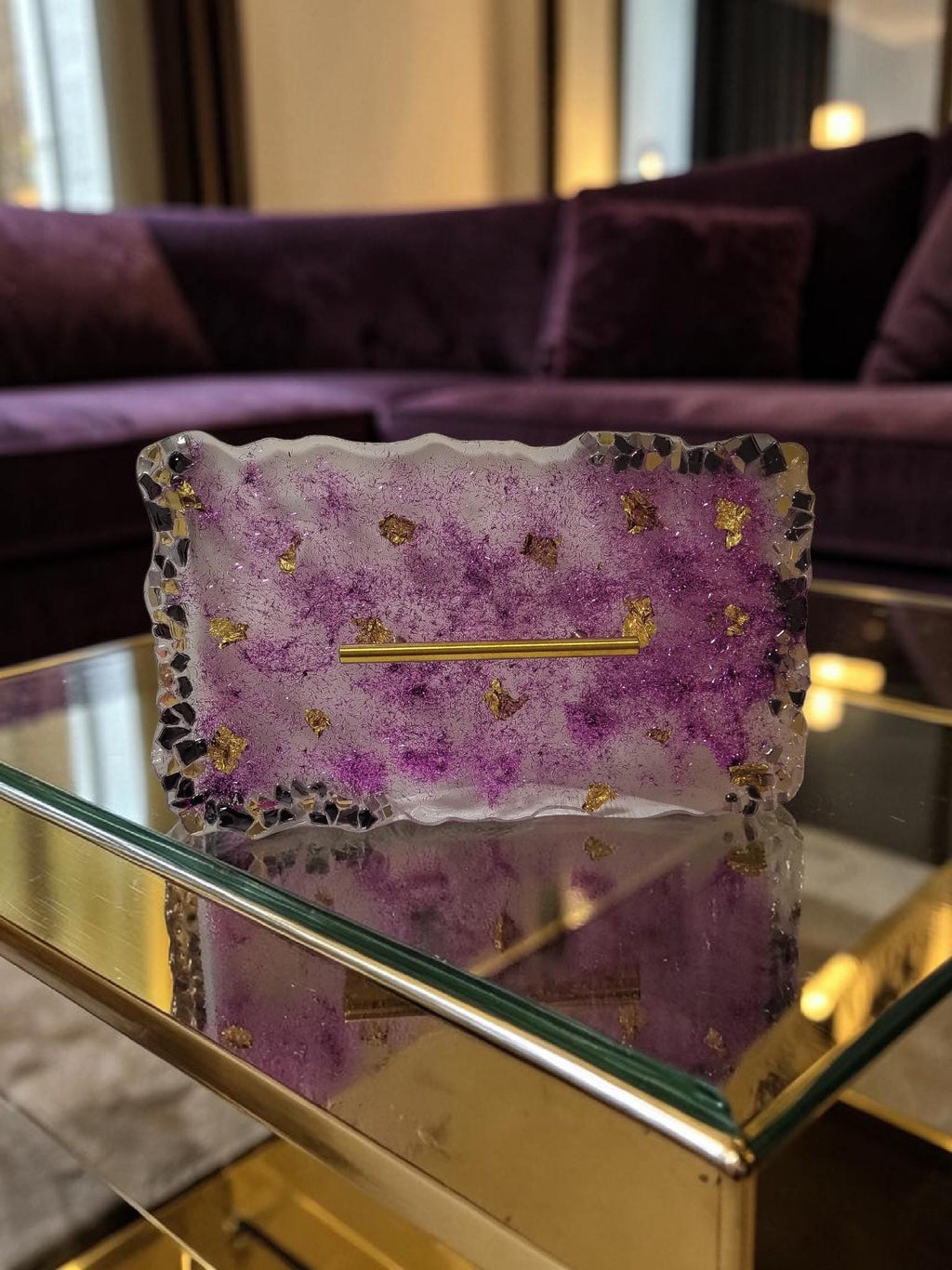 Hand-Designed Purple and Gold Acrylic Decor Tray with crystals