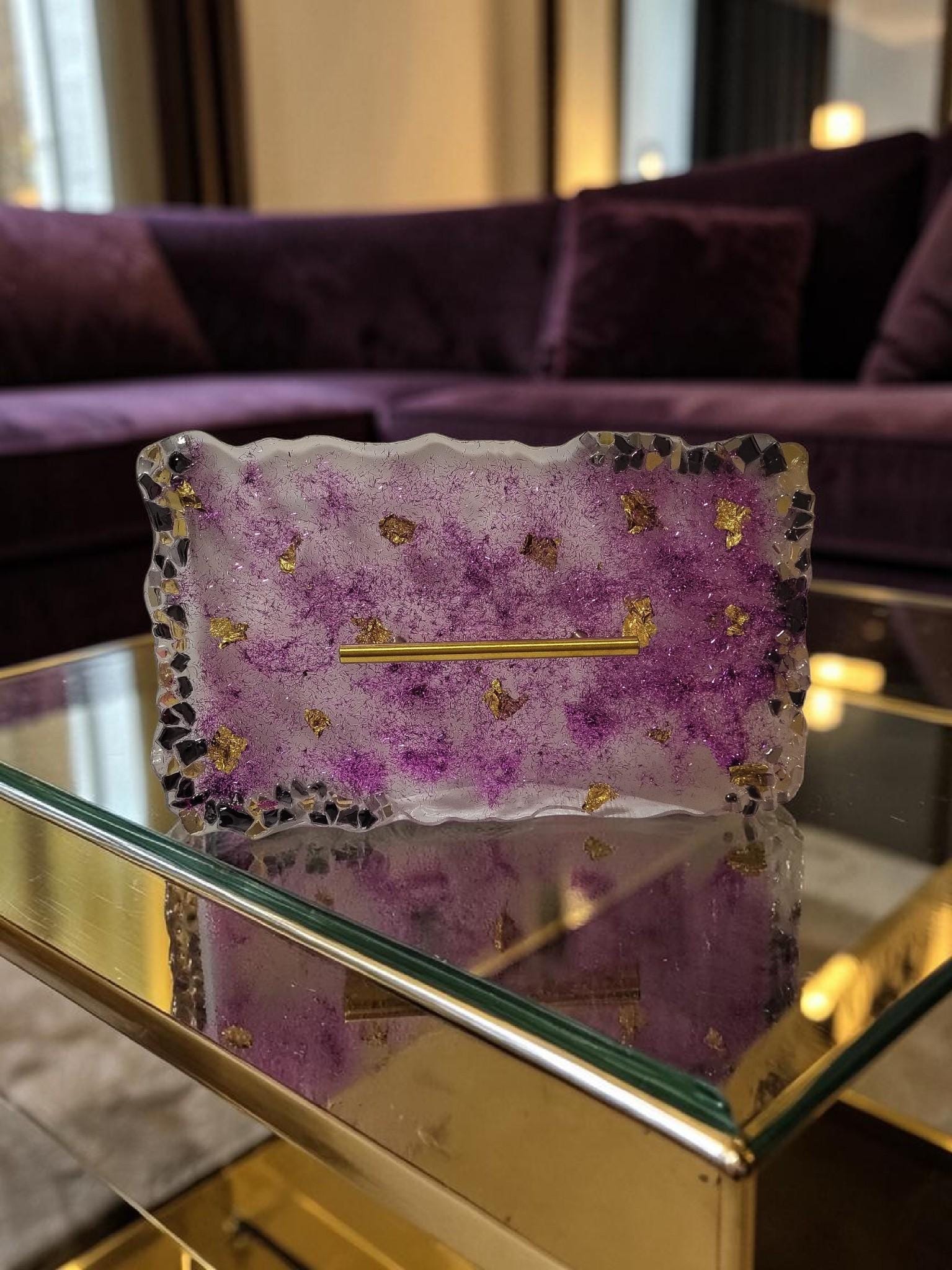 Hand-Designed Purple and Gold Acrylic Decor Tray with crystals
