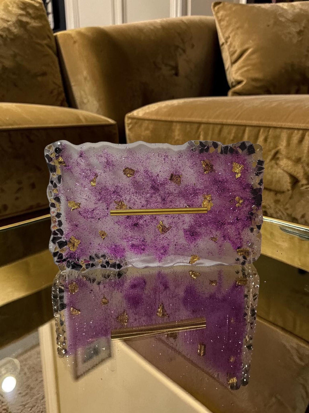 Hand-Designed Purple and Gold Acrylic Decor Tray with crystals
