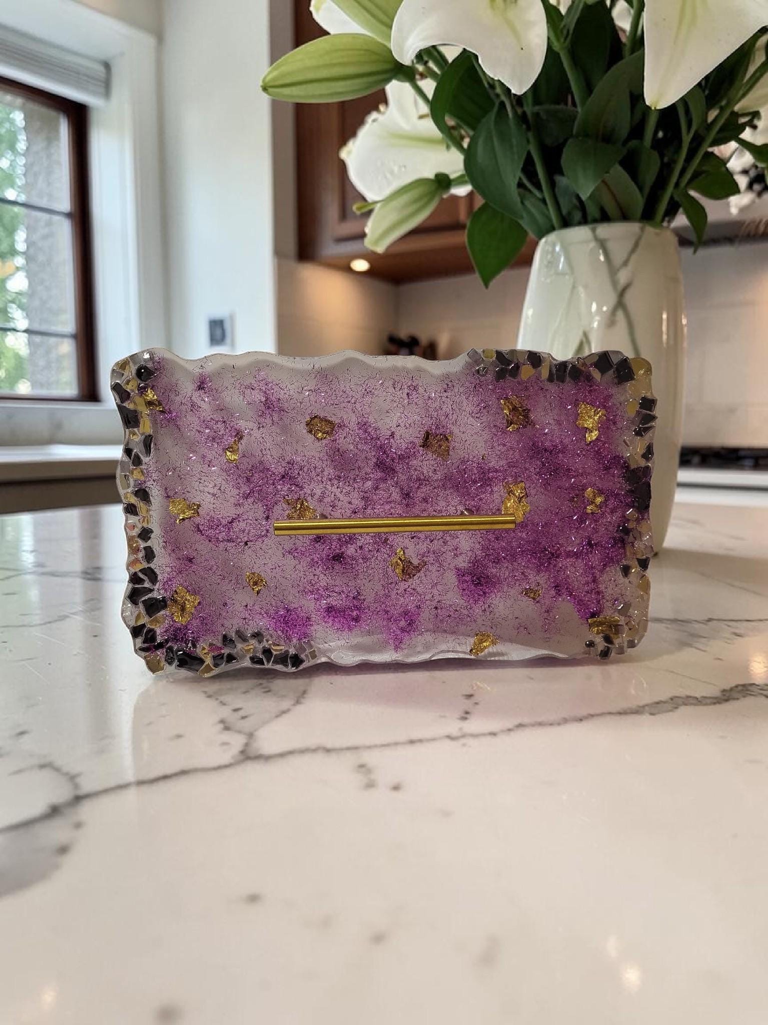 Hand-Designed Purple and Gold Acrylic Decor Tray with crystals
