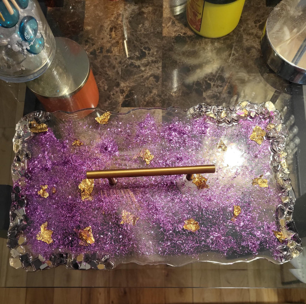 Hand-Designed Purple and Gold Acrylic Decor Tray with crystals