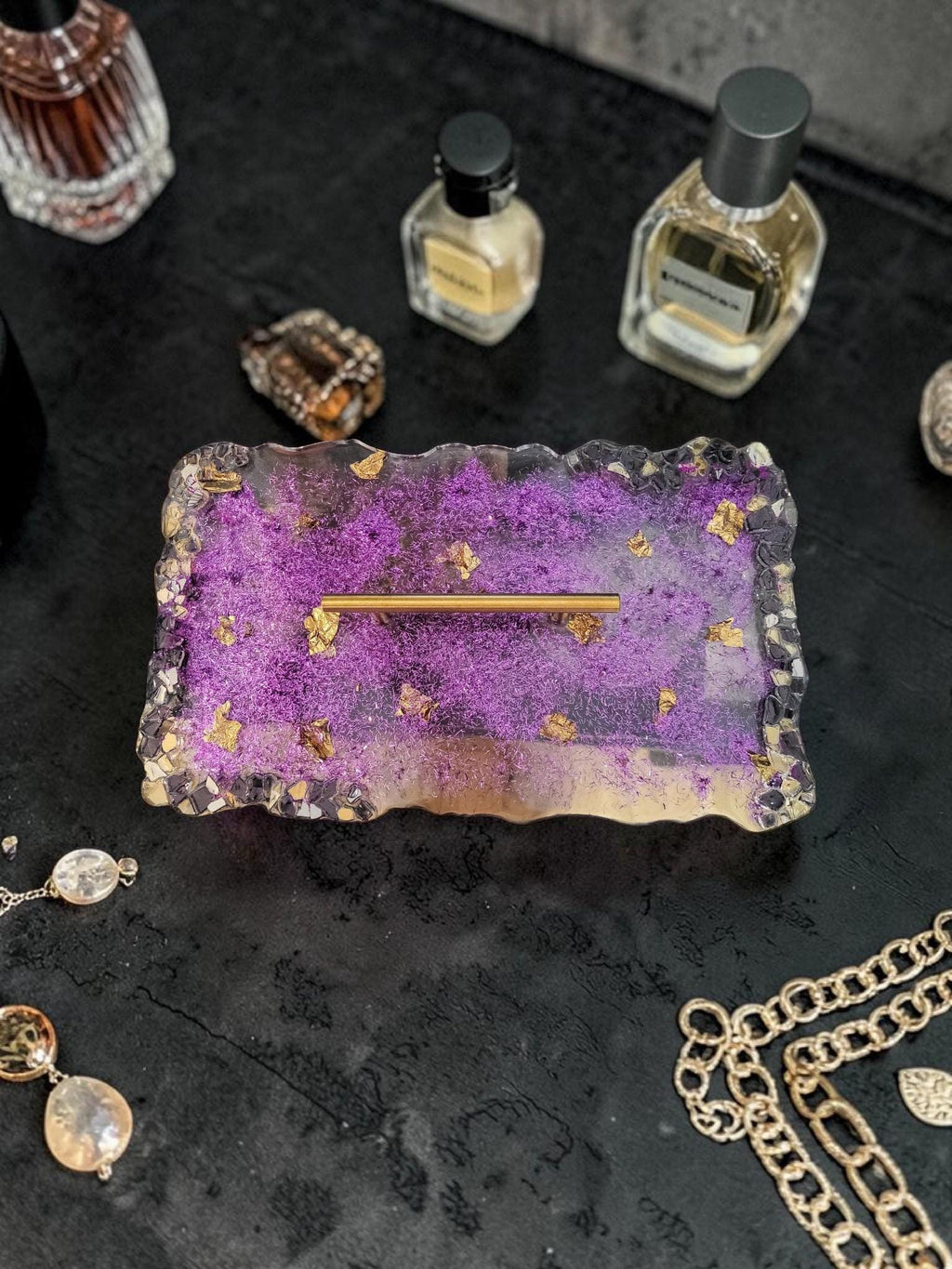 Hand-Designed Purple and Gold Acrylic Decor Tray with crystals