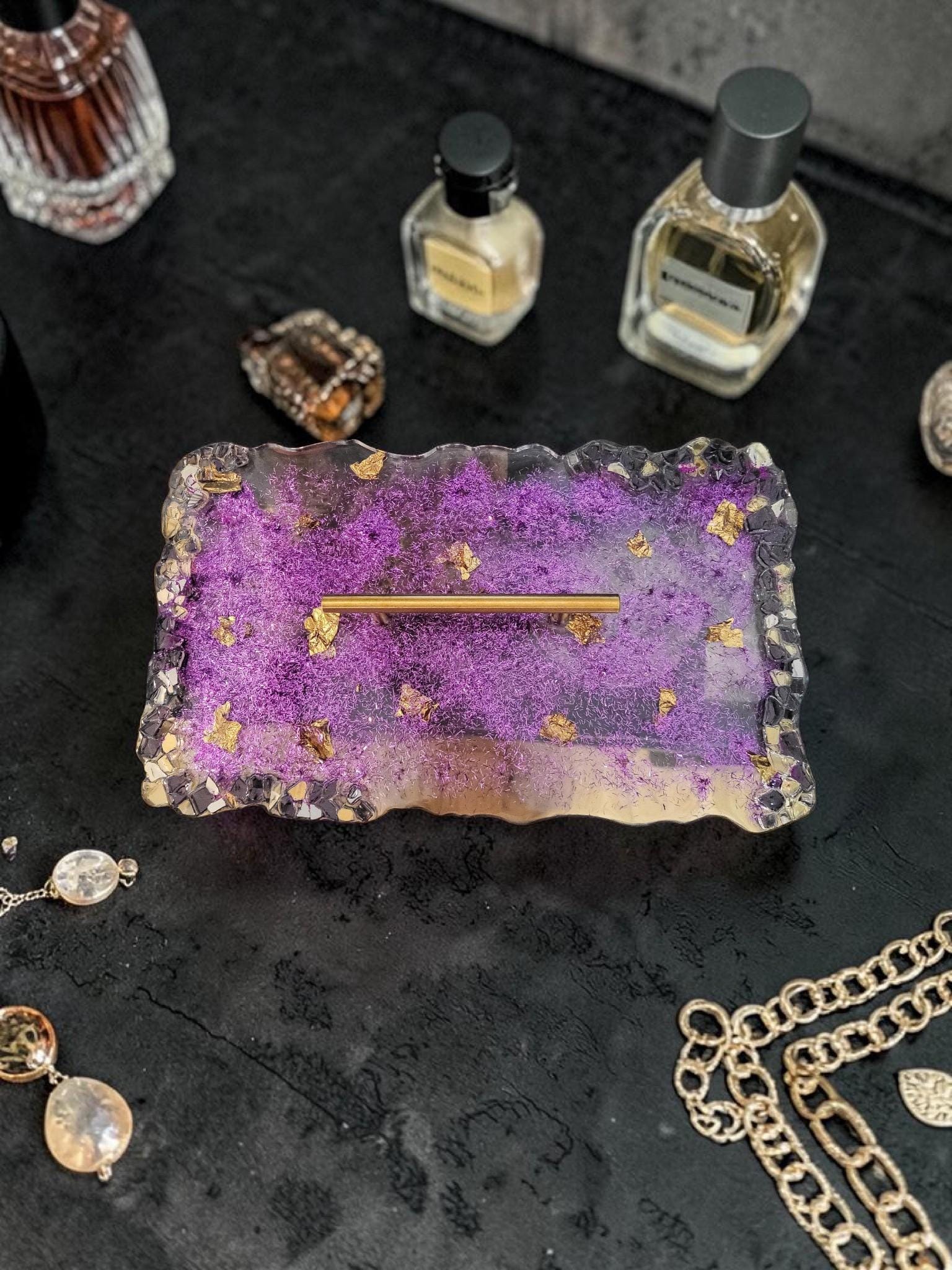 Hand-Designed Purple and Gold Acrylic Decor Tray with crystals