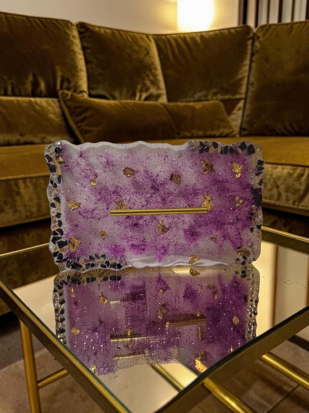 Hand-Designed Purple and Gold Acrylic Decor Tray with crystals