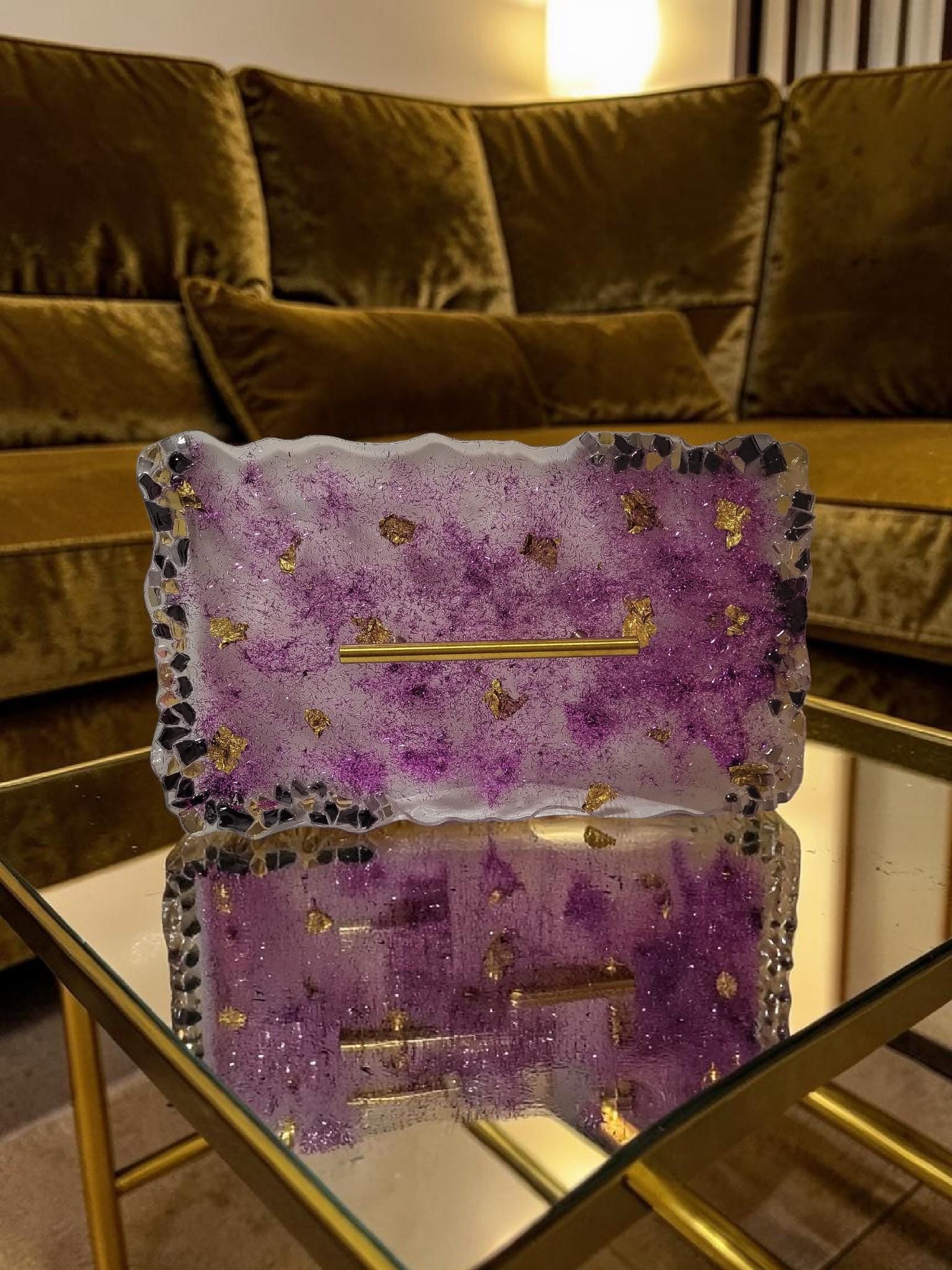 Hand-Designed Purple and Gold Acrylic Decor Tray with crystals
