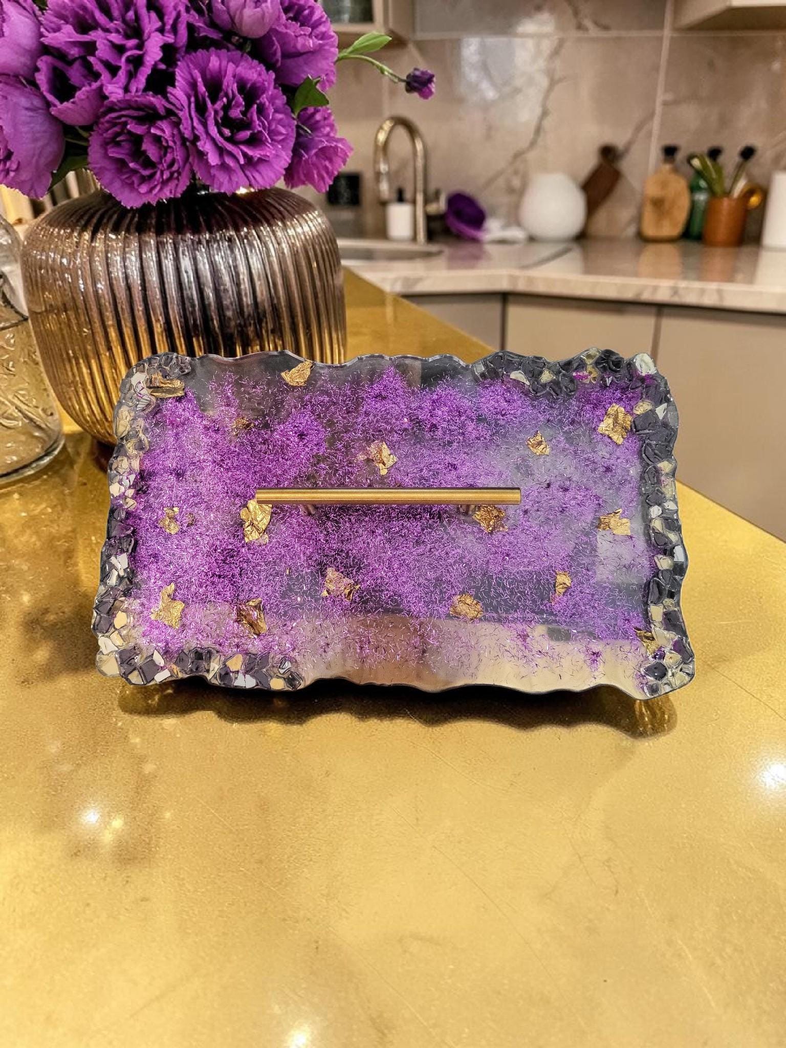 Hand-Designed Purple and Gold Acrylic Decor Tray with crystals