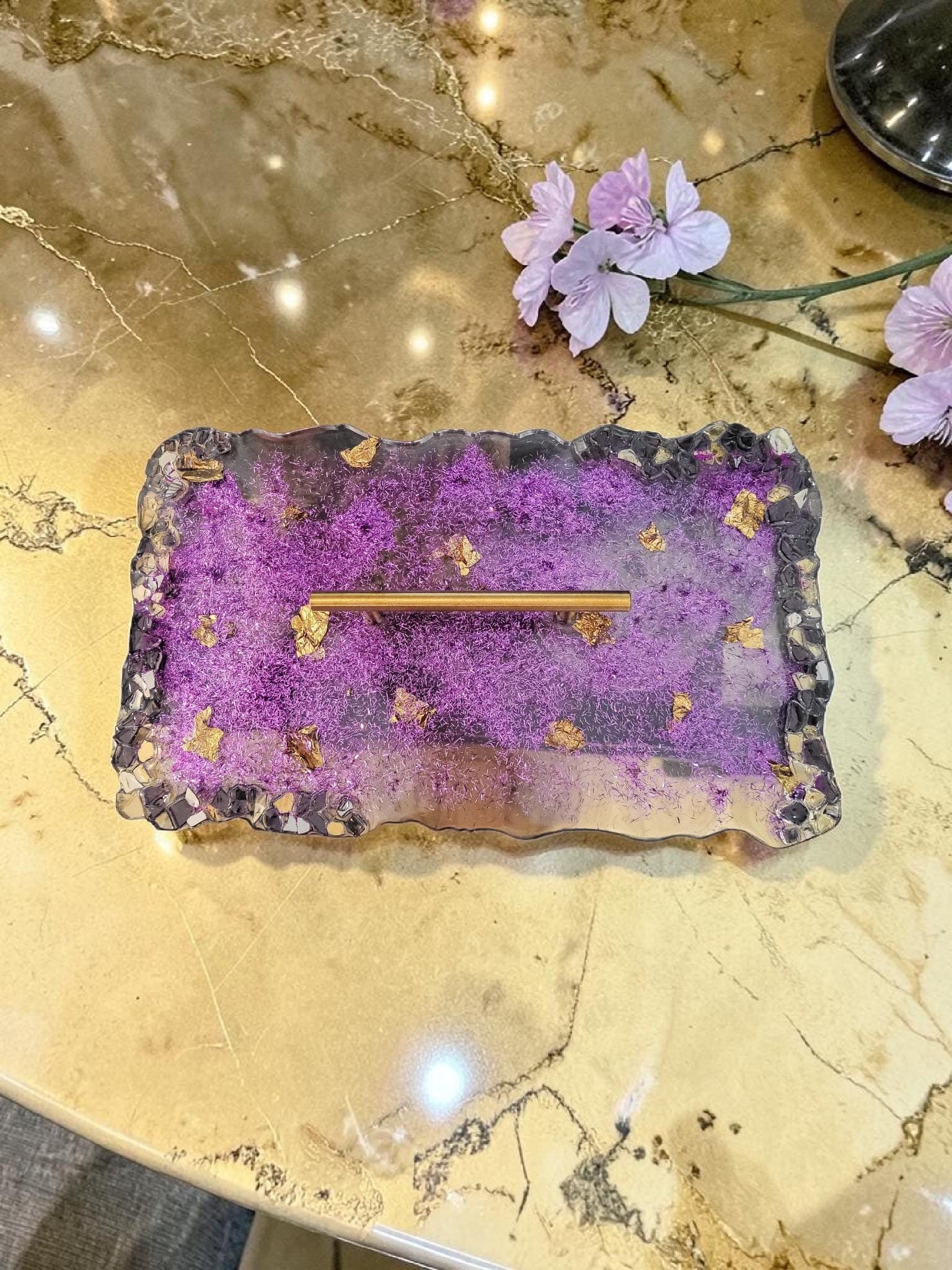 Hand-Designed Purple and Gold Acrylic Decor Tray with crystals