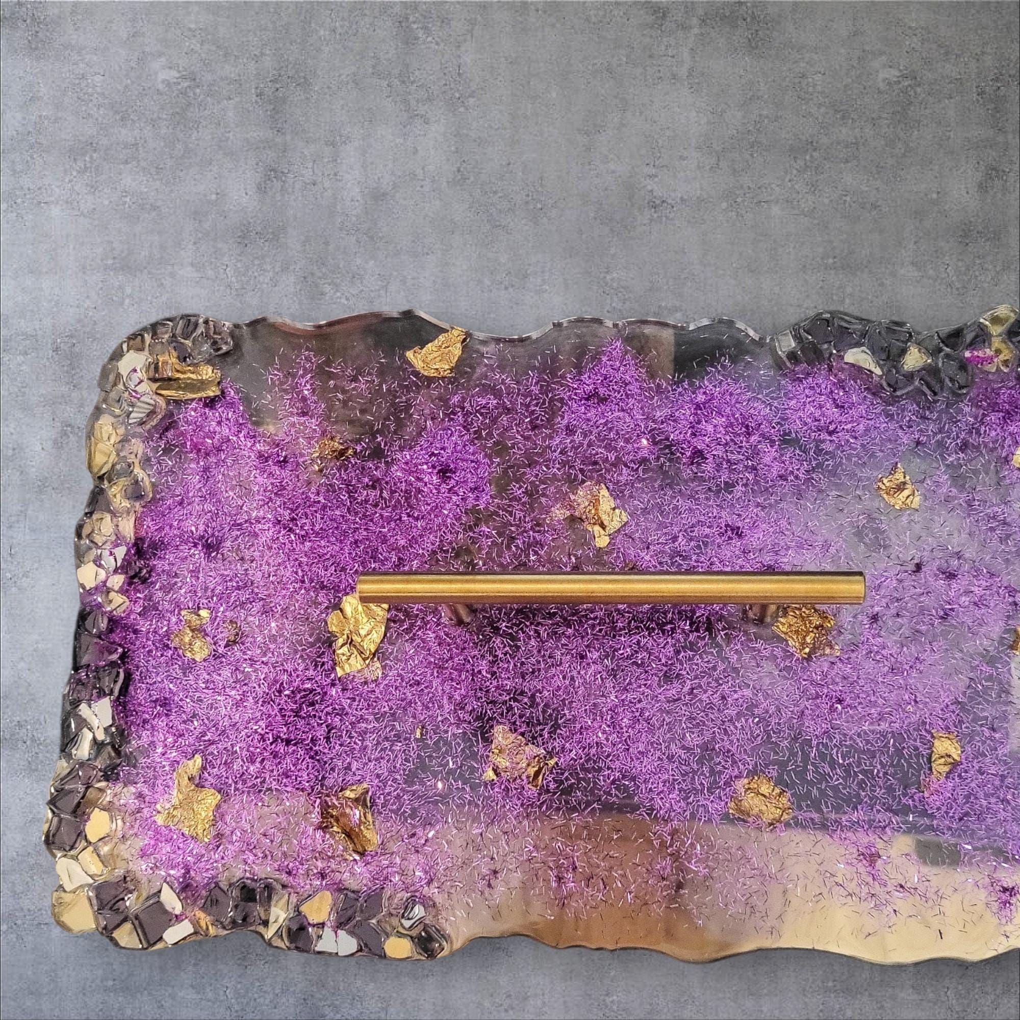 Hand-Designed Purple and Gold Acrylic Decor Tray with crystals