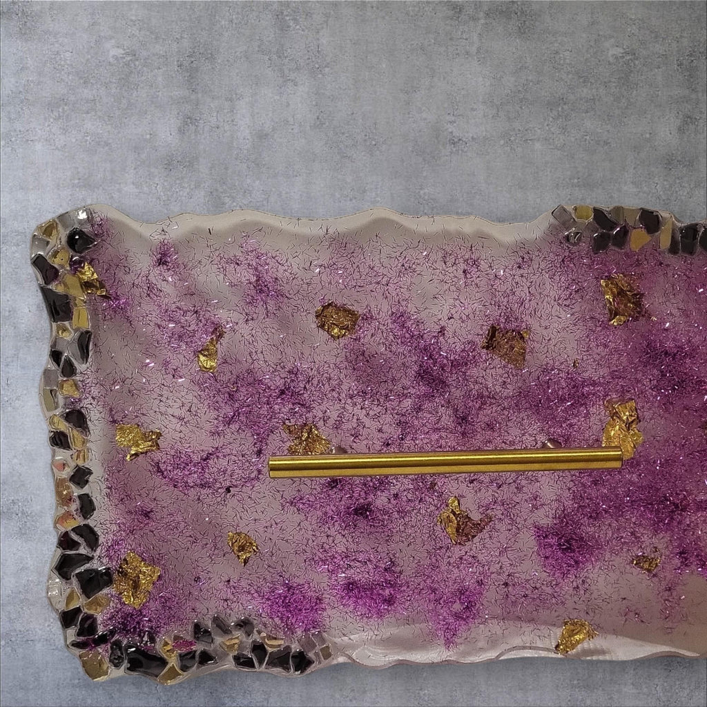 Hand-Designed Purple and Gold Acrylic Decor Tray with crystals