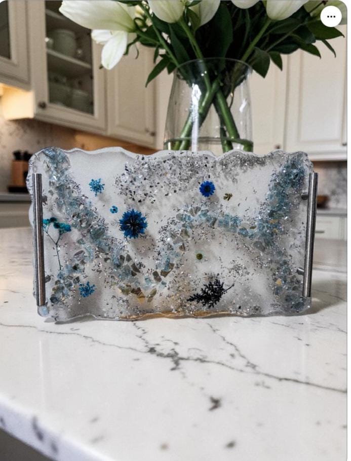 Hand-Designed Clear Acrylic Decor Tray with blue/silver crystals and blue encased floral
