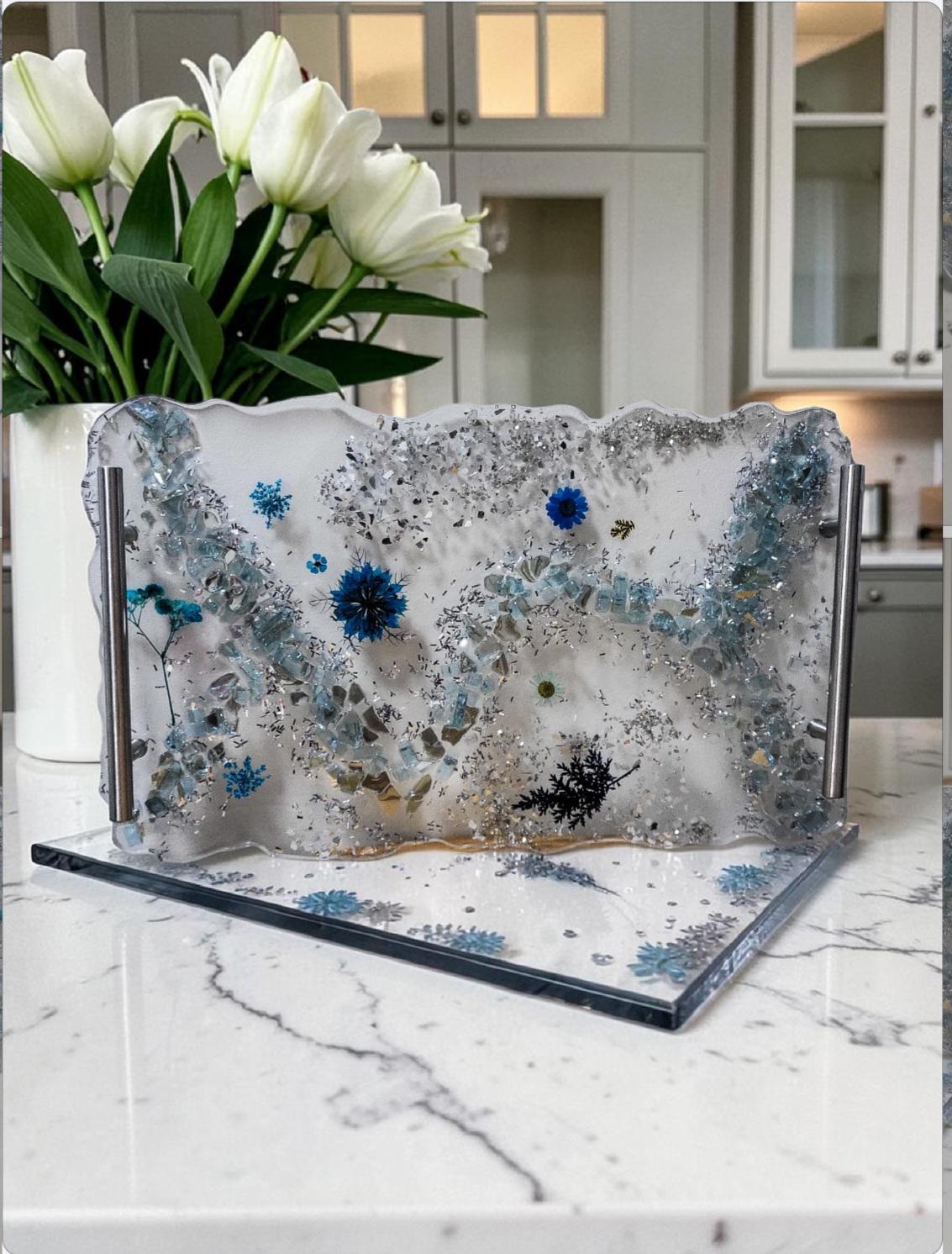 Hand-Designed Clear Acrylic Decor Tray with blue/silver crystals and blue encased floral