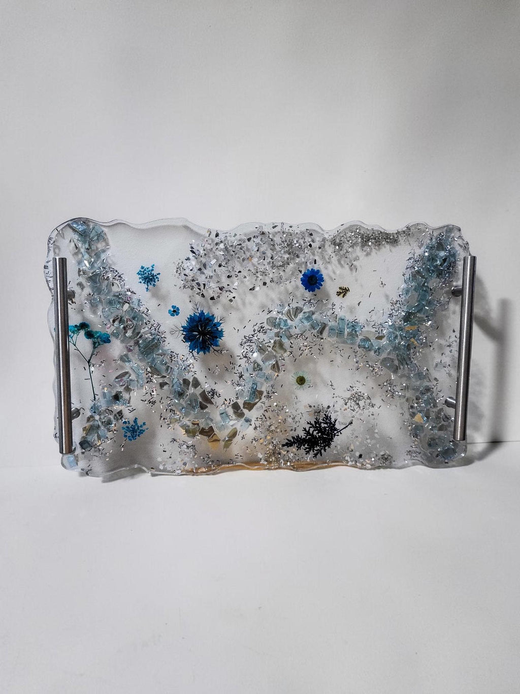 Hand-Designed Clear Acrylic Decor Tray with blue/silver crystals and blue encased floral