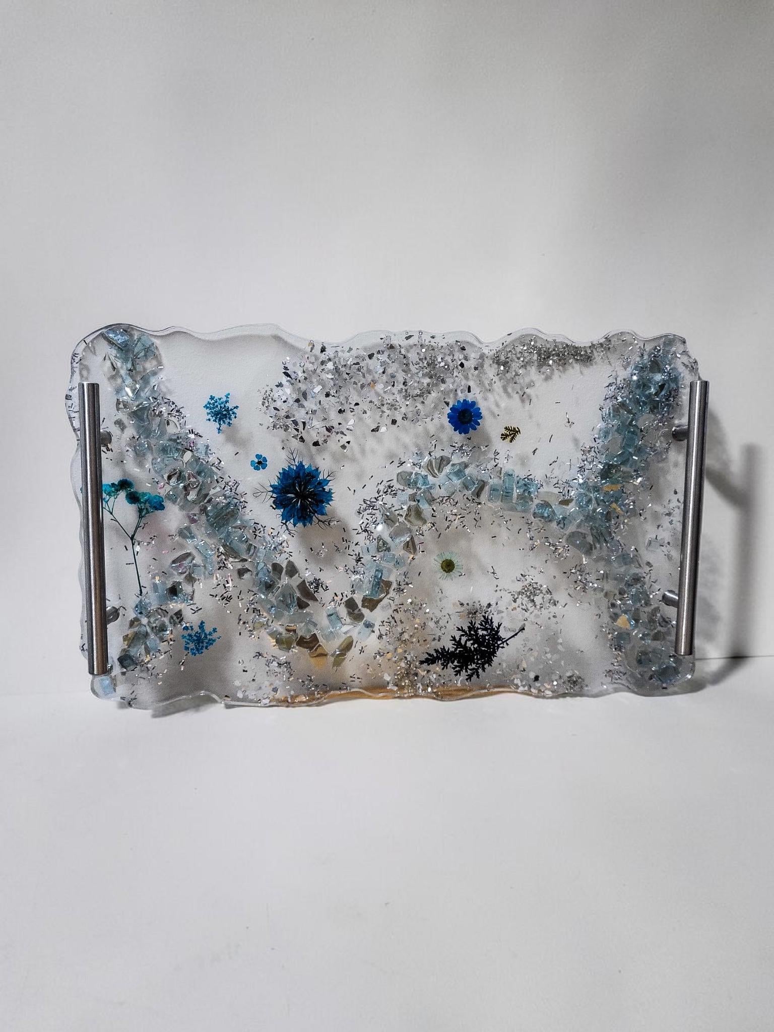 Hand-Designed Clear Acrylic Decor Tray with blue/silver crystals and blue encased floral