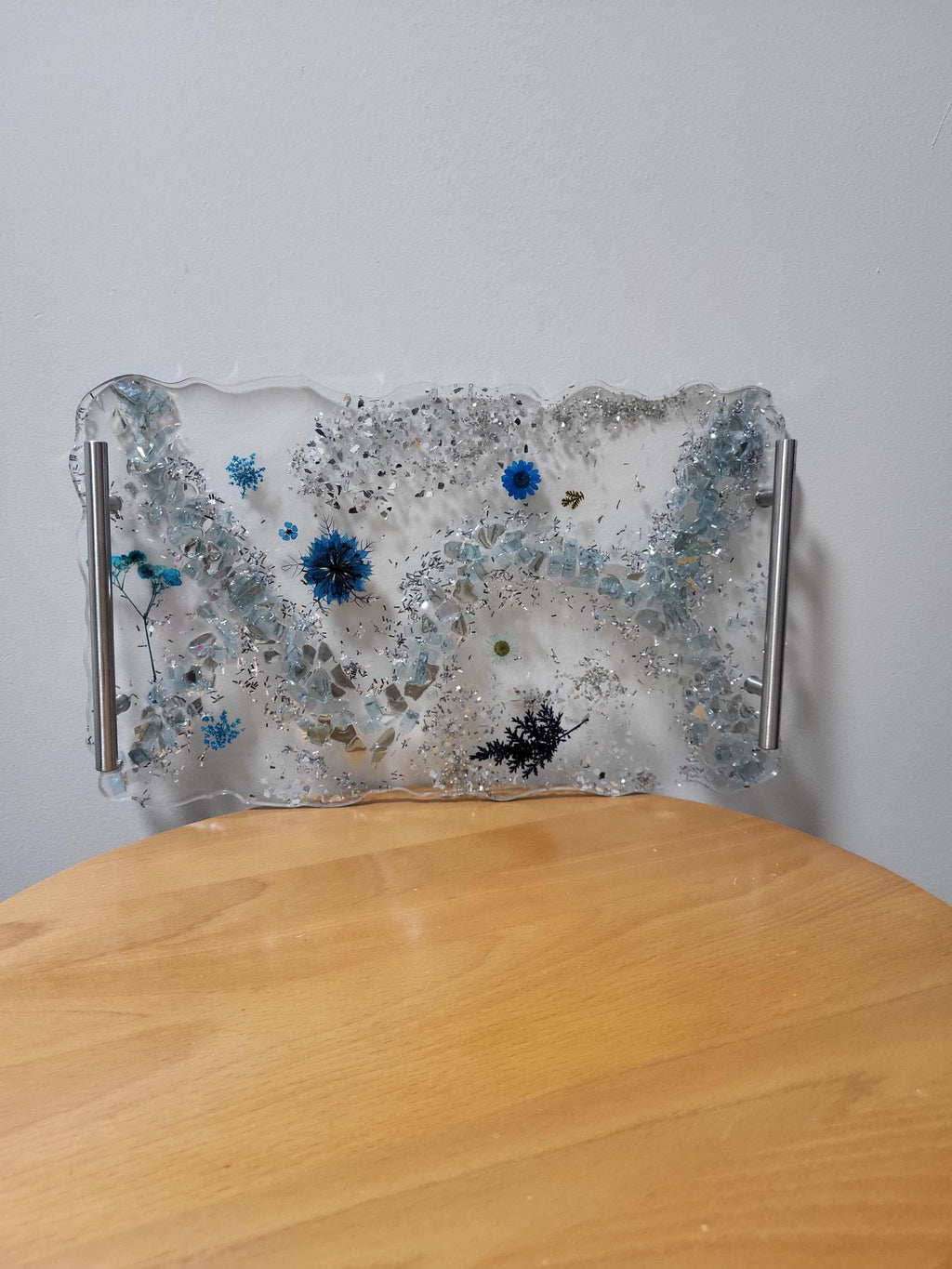 Hand-Designed Clear Acrylic Decor Tray with blue/silver crystals and blue encased floral