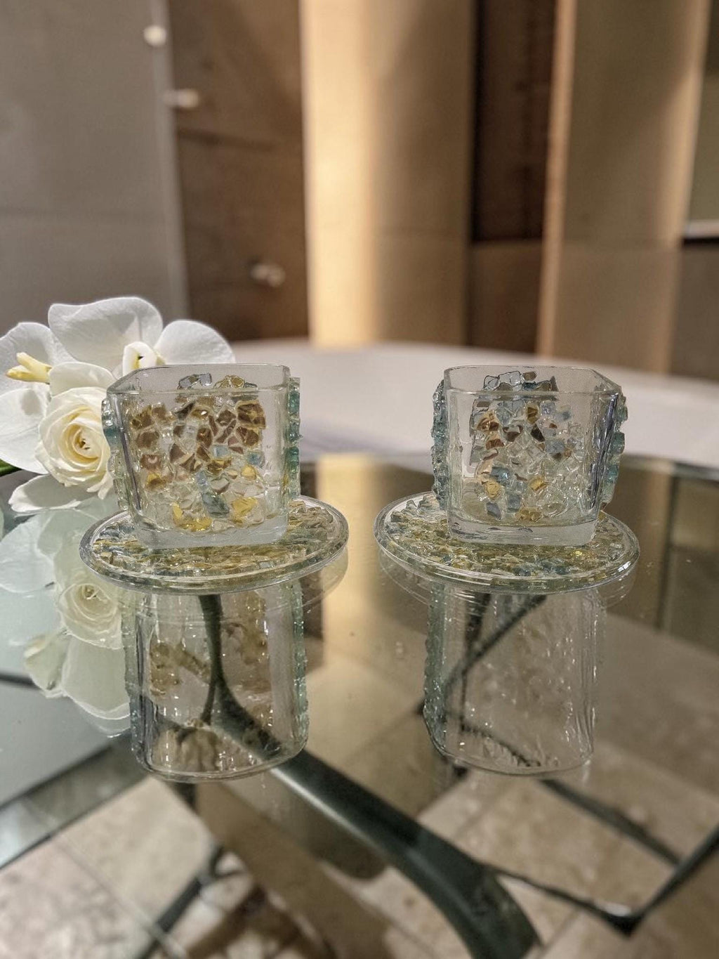 Blue/Gold Crystallized Votive Candle Holders - Handcrafted 3D Pair