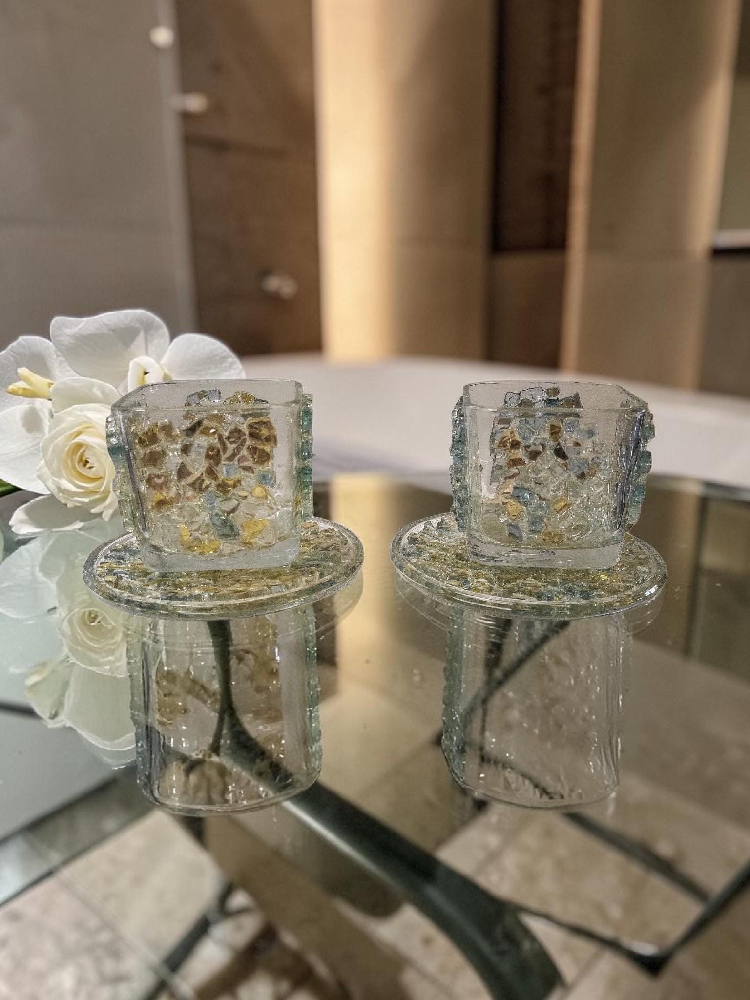 Blue/Gold Crystallized Votive Candle Holders - Handcrafted 3D Pair