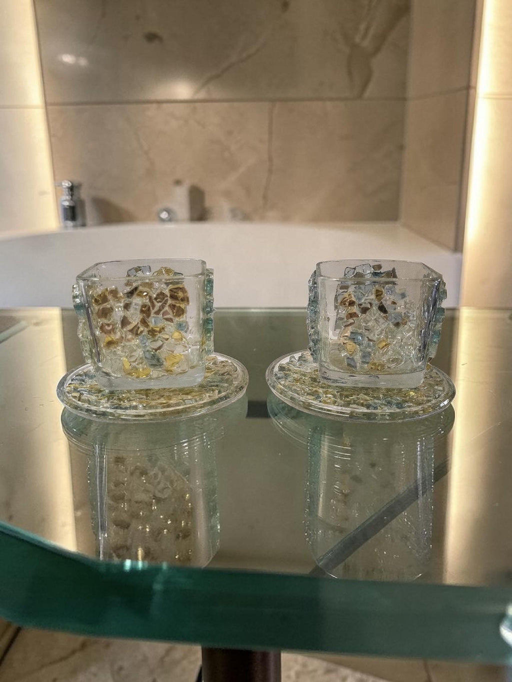 Blue/Gold Crystallized Votive Candle Holders - Handcrafted 3D Pair
