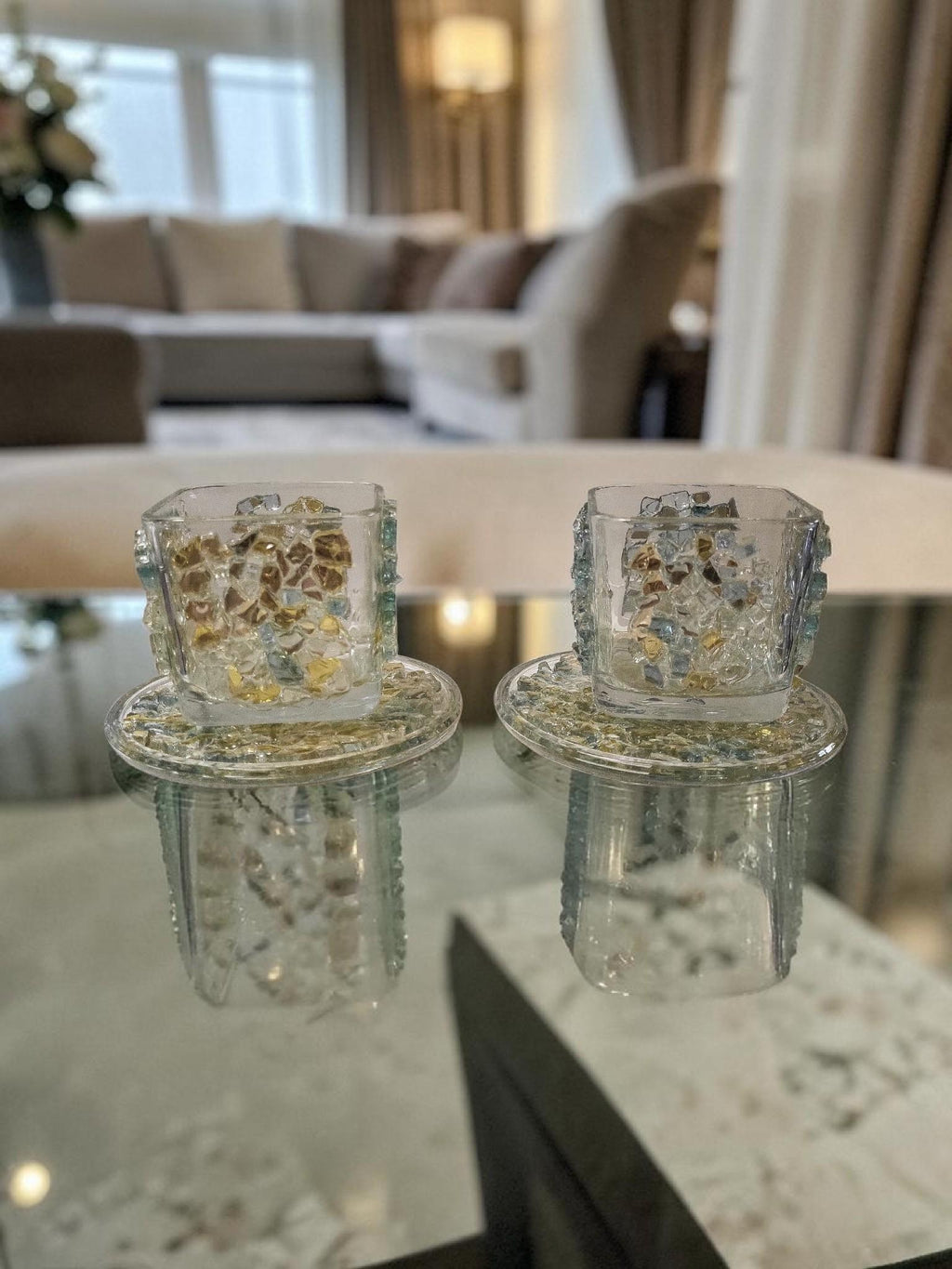 Blue/Gold Crystallized Votive Candle Holders - Handcrafted 3D Pair