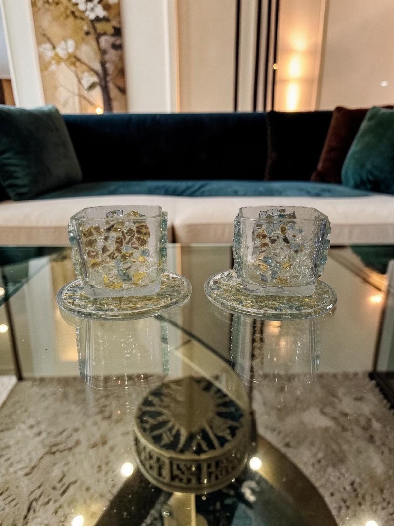 Blue/Gold Crystallized Votive Candle Holders - Handcrafted 3D Pair