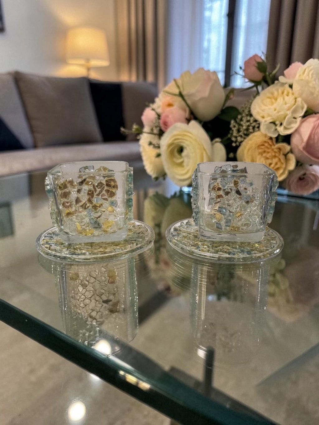 Blue/Gold Crystallized Votive Candle Holders - Handcrafted 3D Pair