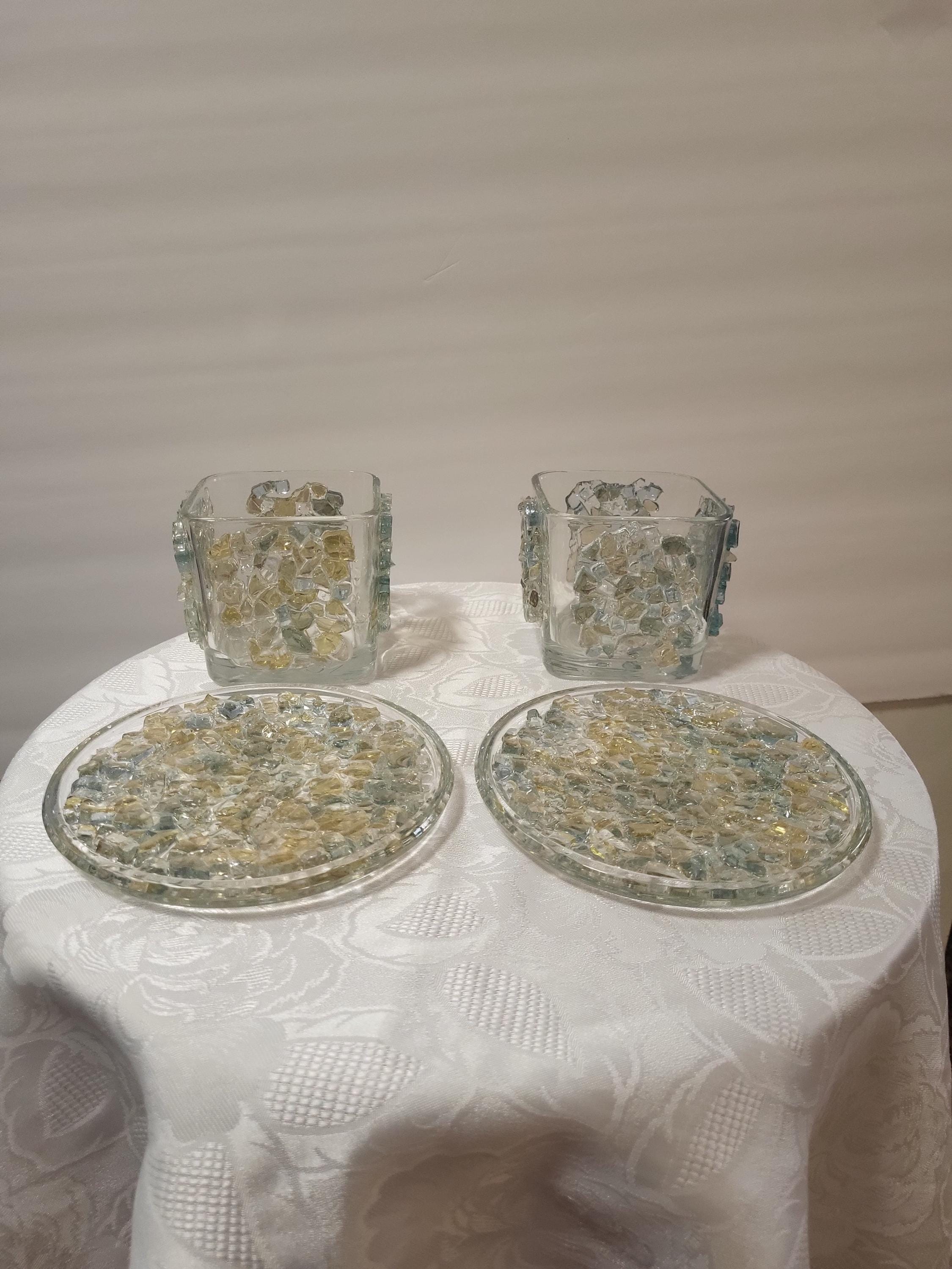 Blue/Gold Crystallized Votive Candle Holders - Handcrafted 3D Pair