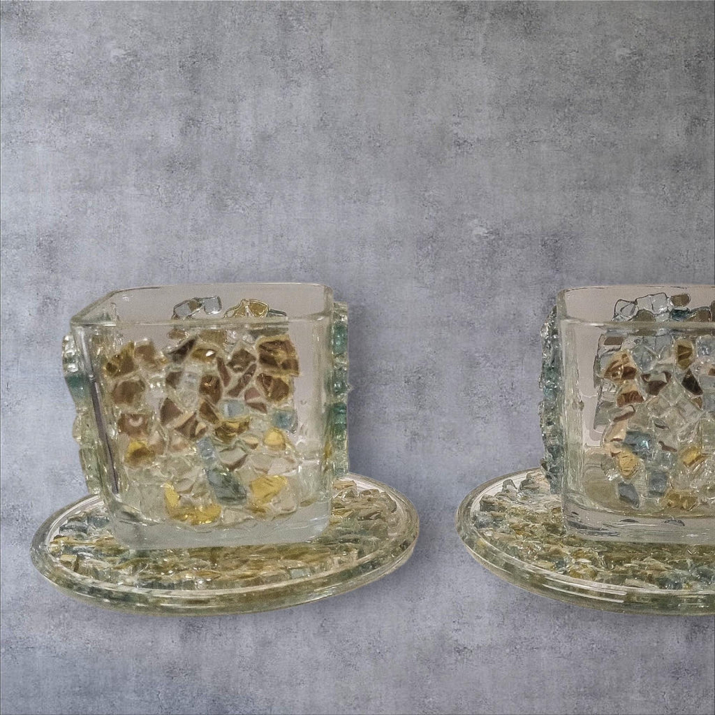Blue/Gold Crystallized Votive Candle Holders - Handcrafted 3D Pair